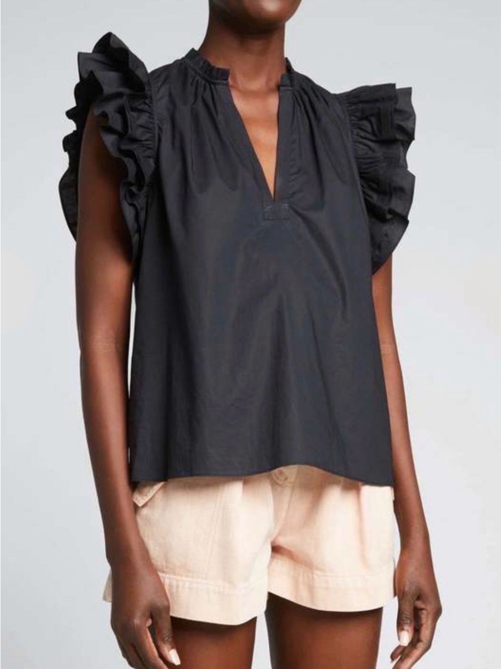 Ulla Johnson Elena Ruffle-Sleeve V-Neck Black Top
